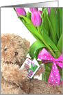 75th Birthday teddy bear with tulip bouquet and polka dot bow card