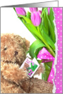 Birthday Party invitation - teddy bear with tulips and polka dot bow card