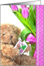 Mother’s Day for Mum - teddy bear with tulips and polka dot border card