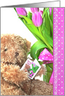 Birthday for Sister teddy bear with pink tulip bouquet card