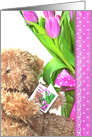 Birthday for Nana, brown teddy bear with pink tulip bouquet card