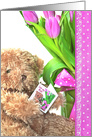 Birthday for Mom, teddy bear with pink tulip bouquet card