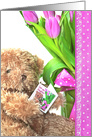 Birthday for Daughter, brown teddy bear with pink tulip bouquet card