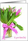 Name Day pink tulip bouquet with polka dot bow on white card