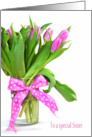 Pink Tulip Bouquet with Polka Dot Bow for Sister’s Birthday card