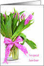 Twin Sister’s Birthday pink tulip bouquet with polka dot bow card