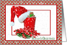 Season’s Greetings for Friend, Santa cap on red party cup card