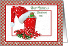 Christmas Birthday Santa hat on red party cup with plaid border card