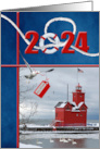 Christmas 2023 Big Red Michigan Lighthouse with Swans In Winter card