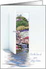 Step Sister sympathy, white open door with waterfalls in garden card