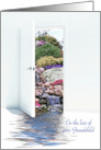 Loss of Grandchild sympathy, open white door with waterfalls in garden card