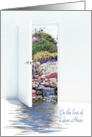 Loss of Niece sympathy, white open door with waterfalls in garden card