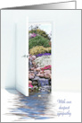 Sympathy from couple, open white door with waterfalls in garden card