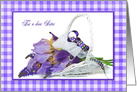 Birthday for sister purple iris bouquet in white wicker basket card