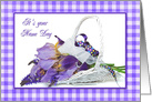 Name Day purple iris bouquet in white wicker basket card
