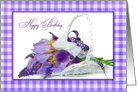 Happy Birthday - iris bouquet in white wicker basket card