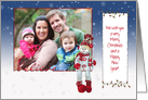Christmas believe photo card with plaid frame and snowman card