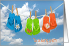 Mom’s Birthday, colorful flip flops on clothesline with daisies card