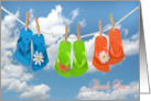 Thank You, colorful flip flops on clothesline with daisies card