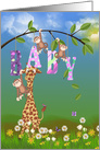 New Baby Girl congratulations giraffe and monkeys with daisies card