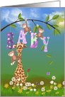 New Granddaughter congratulations giraffe in grass with monkeys card