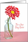 Step Sister’s Birthday red and white polka dot daisy in an old bottle card