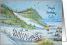 Sister’s birthday watercolor art of a child walking on the seashore card