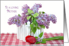 Mother’s Birthday-lilac bouquet with single red tulip card