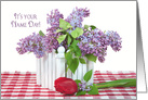 Name Day lilac bouquet with single red tulip on checked fabric card