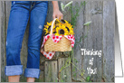Thinking of You, girl wearing blue jeans with basket of sunflowers card