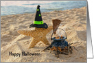 Halloween starfish on the beach with witch’s hat card