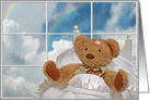 Get Well Soon for granddaughter teddy bear in bed with rainbow card