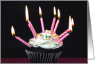 Birthday for Sister, many pink striped candles on chocolate cupcake card