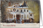 Sister’s Christmas, old Victorian house in snow with torn edge border card