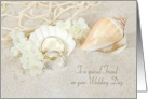 Friend’s Wedding, Rings on a Seashell in Beach Sand card
