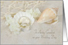 Grandson’s wedding, rings in beach sand with seashells and net card