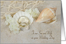 Son’s wedding rings in beach sand with seashells and net card