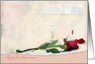 1st Anniversary for Couple with red rose and wine glasses card