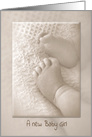 Baby Girl congratulations, newborn feet on soft blanket in sepia tone card