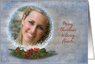 Parents Christmas photo card-snow globe on faded music background card