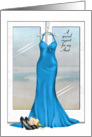 Bridesmaid request for Aunt-blue gown with shoes and bouquet card