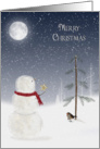 Merry Christmas snowman with gold star for pine tree with bird card