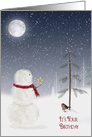 Birthday on Christmas snowman with gold star and full moon card