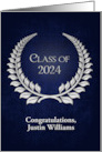 2024 Graduation with Custom Name and Silver Laurel Wreath on Blue card