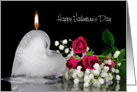Valentine’s Day-melting ice heart with rose bouquet and flame card