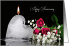 Anniversary for wife, melting ice heart with flame and roses card