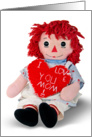 Mom’s Birthday-old rag doll with red homemade heart card