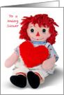 Birthday for Sister-old rag doll with red heart card