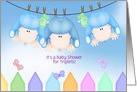 Triplet Baby Shower Invitation, three baby boys hanging on clothesline card