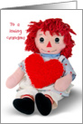 Birthday for Grandma-old rag doll with red heart isolated on white card